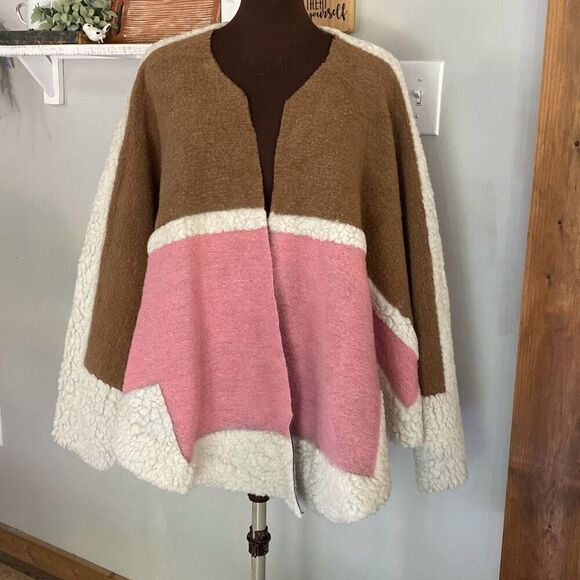 Maje made in italy wool blend colorblock shawl cape poncho pink cream burgundy o - Picture 1 of 8